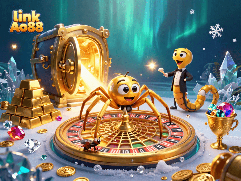 Bet on exciting games with the link Ao88, featuring a vibrant casino scene and rich treasures.