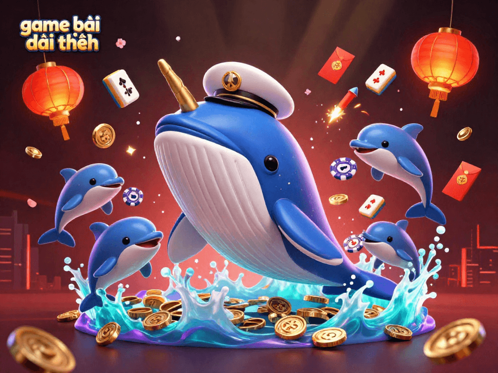 Engage in game bài đổi thưởng with an animated scene featuring a whale, narwhal, and dolphins amidst vibrant casino elements.