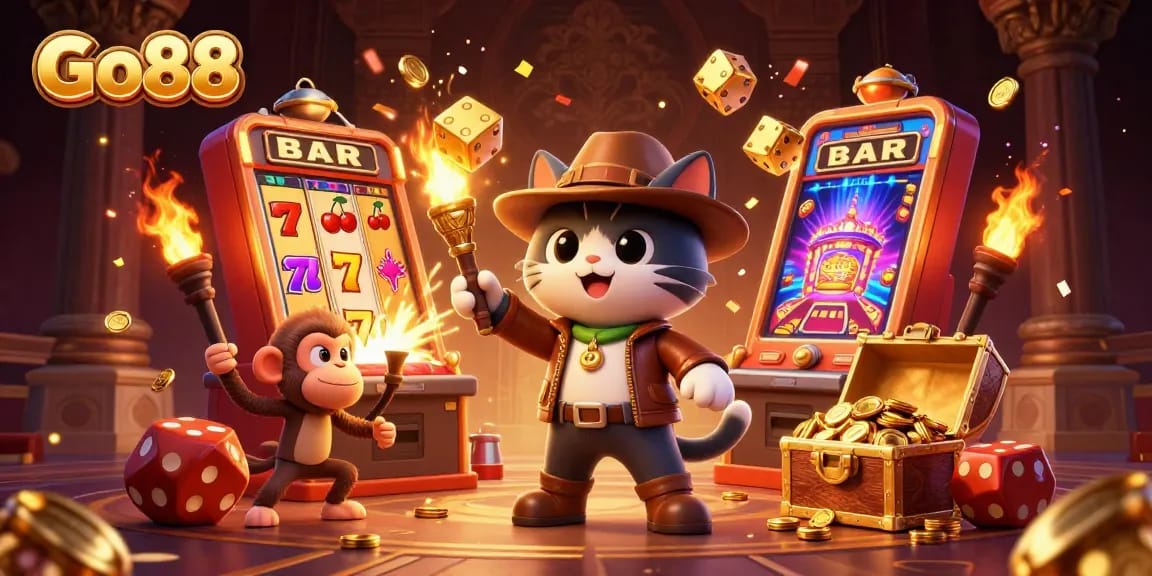Explore the thrilling world of Go88 with an adventurous cat and treasure in a vibrant casino setting.