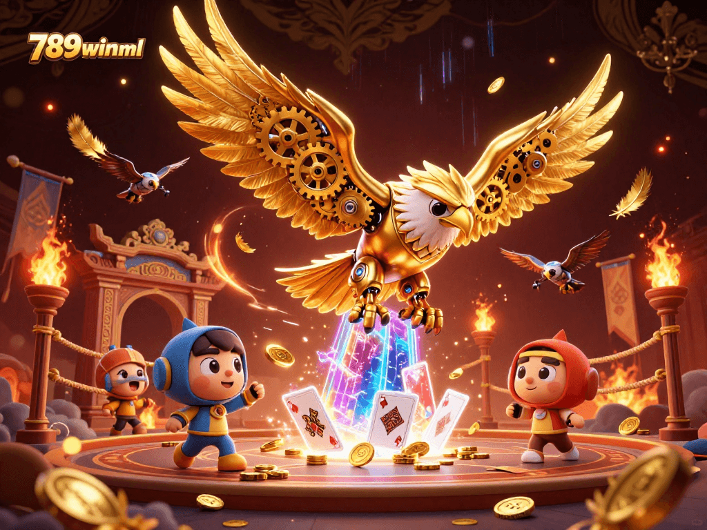 Immerse in the world of 789winml as a cybernetic eagle dives through holographic cards amidst a vibrant casino scene.