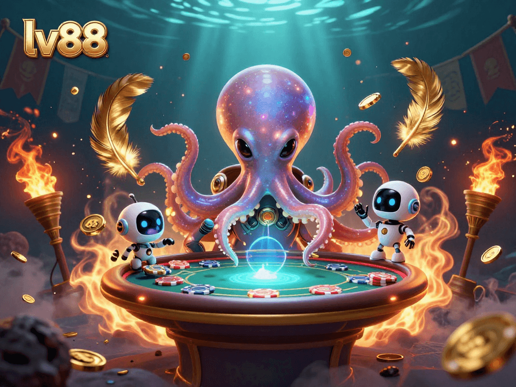 lv88 alien octopus at a holographic poker table with robot companion and floating chips