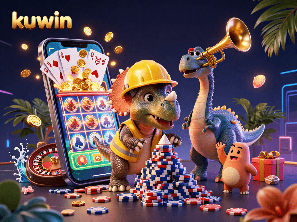 Kuwin highlights a vibrant 3D scene of gaming, featuring a triceratops and celebrating critters amidst casino elements.