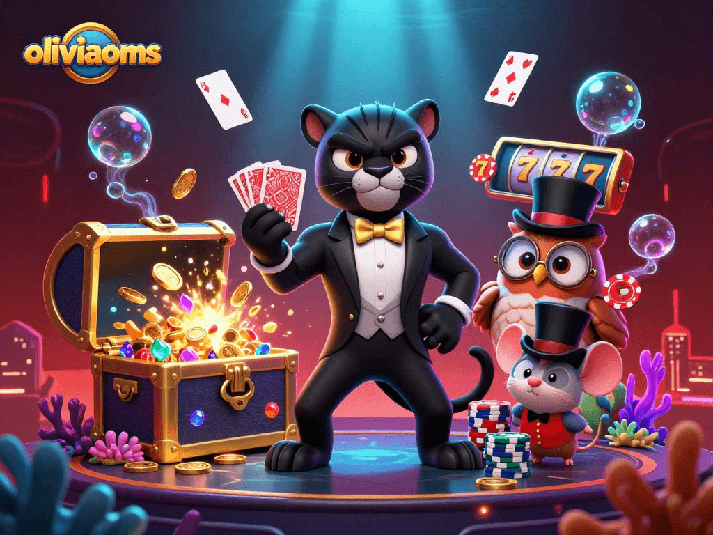 Engage with oliviaooms in a vibrant casino scene showcasing slots, cards, and animated characters.