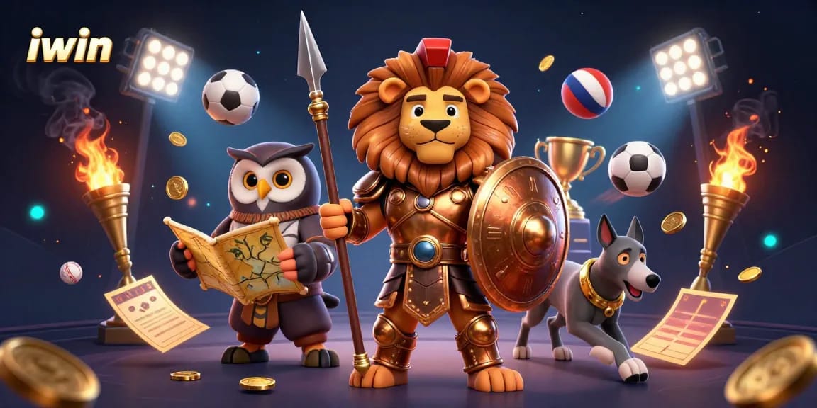 Win big with iwin in this vibrant 3D illustration showcasing strategic sports betting elements.