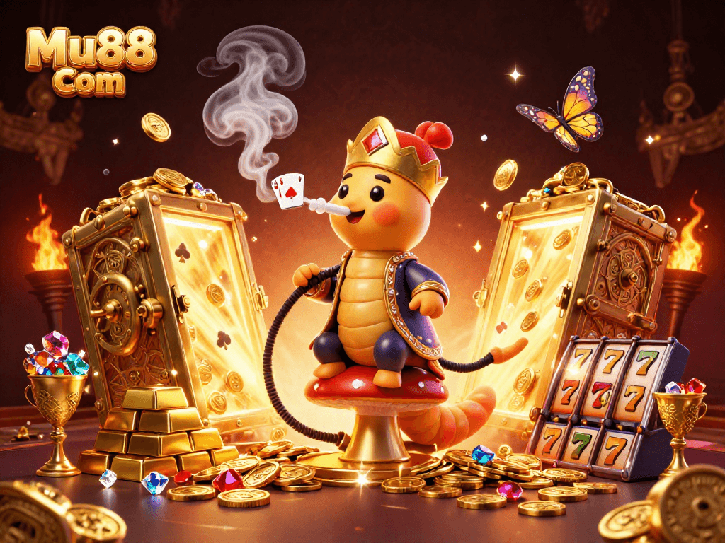 Engage with the vibrant 3D illustration of Mu88 Com's magical casino world, featuring golden treasures and poker symbols.