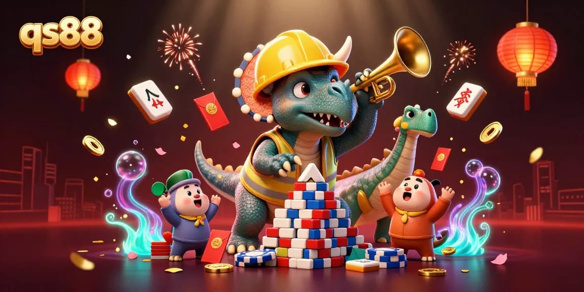 Celebrate with qs88 as a triceratops builds poker chip pyramid amid festive casino elements.