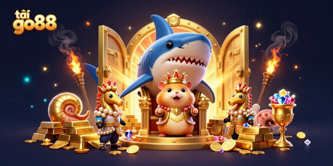 Tải go88 and enjoy a regal gaming experience with a hamster king among treasures.