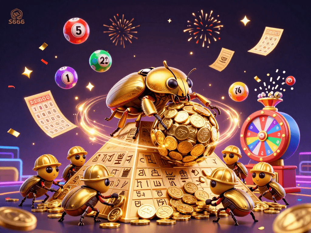 S666 players celebrate as golden dung beetles roll coins with vibrant lottery elements in an interactive casino scene.