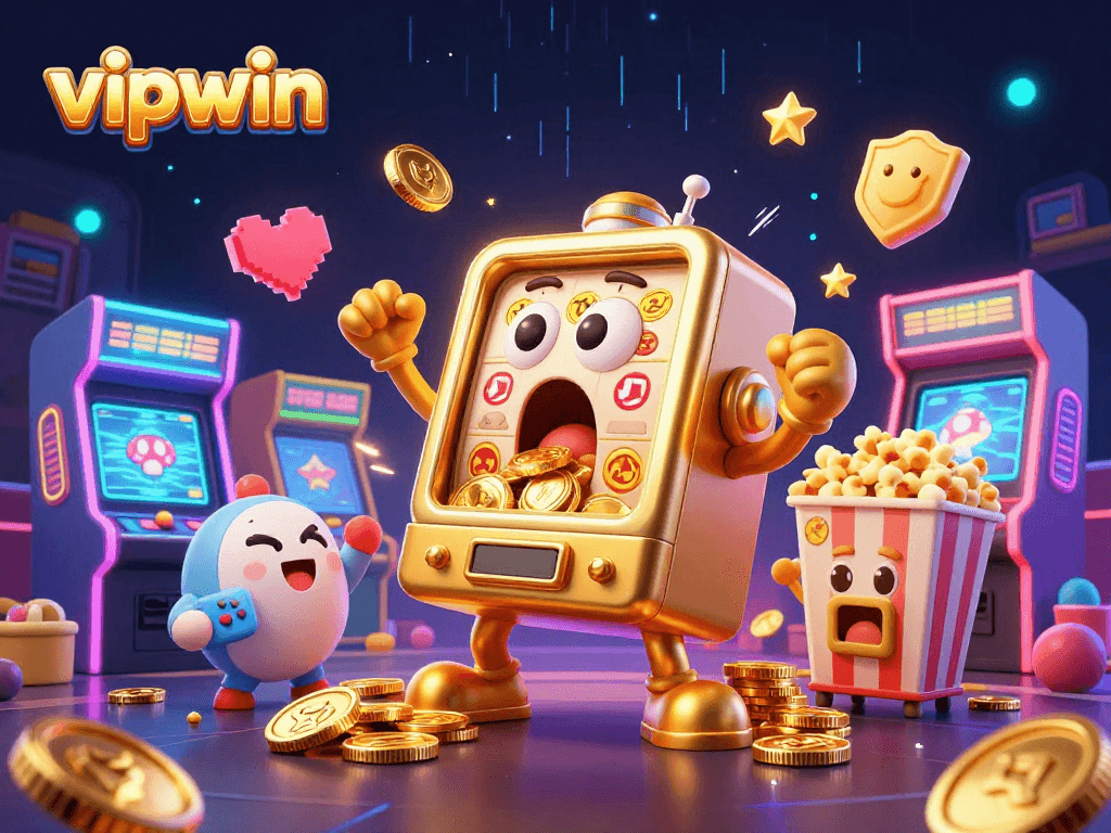 Watch vipwin's animated slot machine character win big while golden coins fly around!