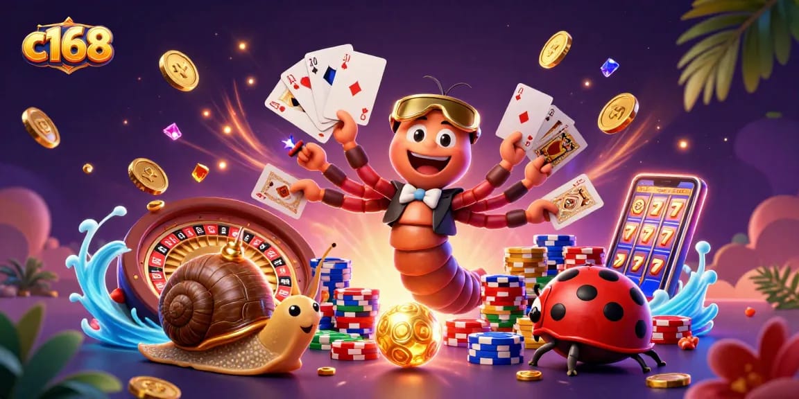 C168's captivating casino scene featuring a millipede dealer and a high-roller snail amid sparkling winnings.