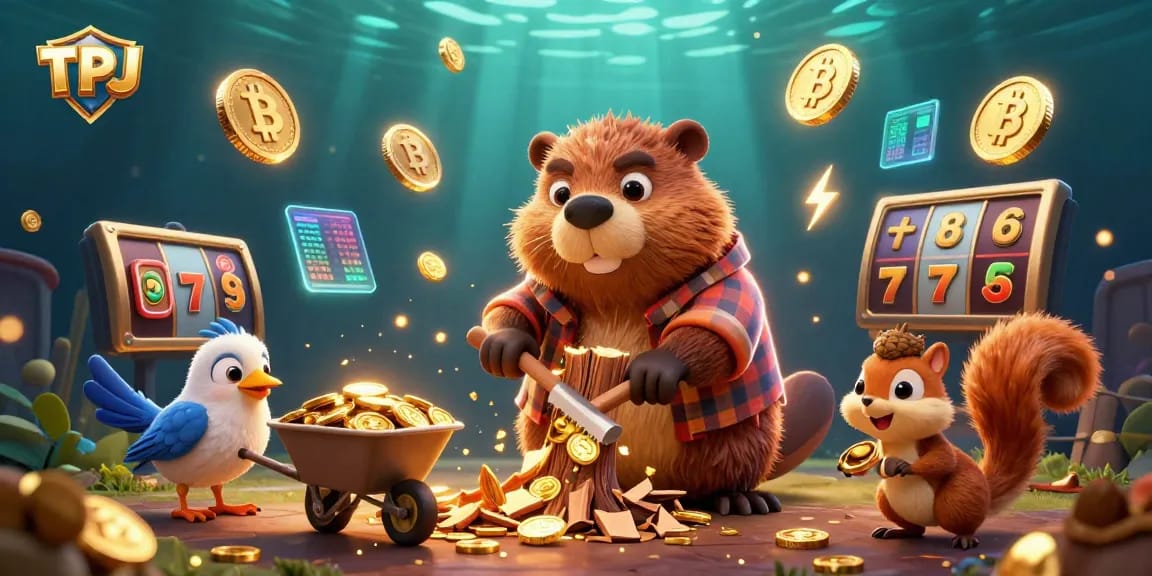 TPJ gambling scene depicting a beaver collecting coins and slot elements, enhancing casino excitement.