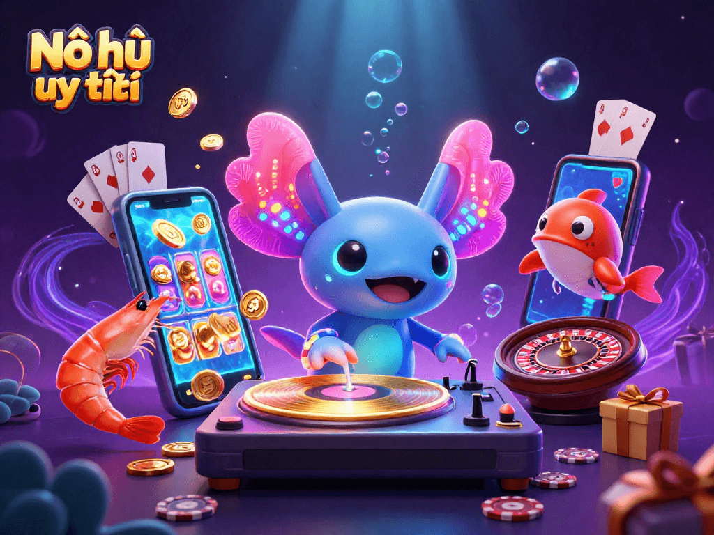 Nổ hũ uy tín offers vibrant casino fun with a joyful DJ and gaming elements in a colorful underwater scene.