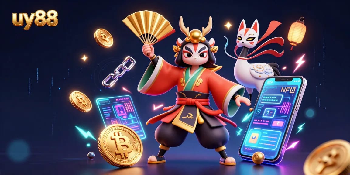 Experience thrilling gaming with uy88 and a 3D kabuki warrior adorned with crypto elements.