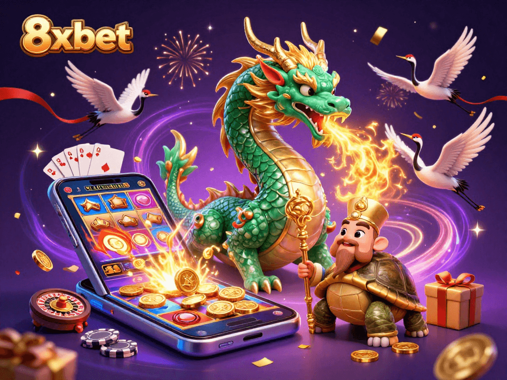 Experience the excitement of 8xbet with a vibrant 3D illustration showcasing a jade dragon, a turtle sage, and playful gaming elements.