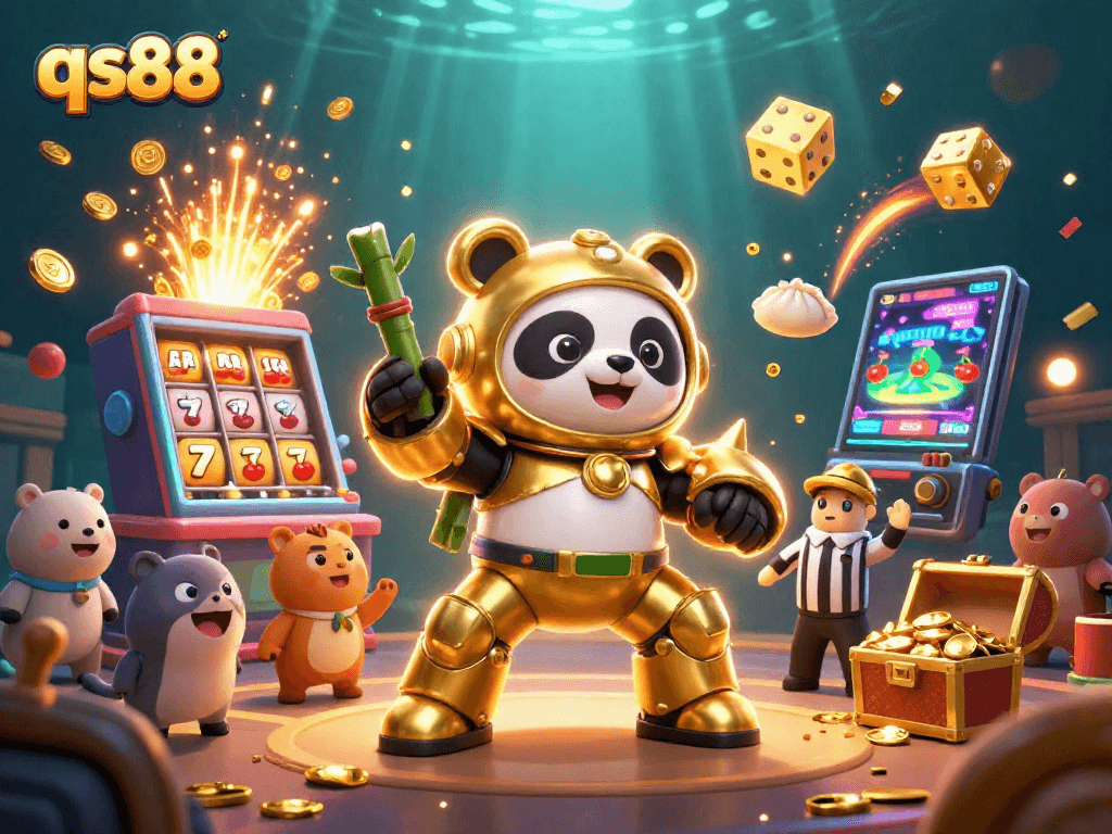 Experience excitement with qs88 in this dynamic casino-themed illustration featuring a mech-suit panda and jackpot elements.
