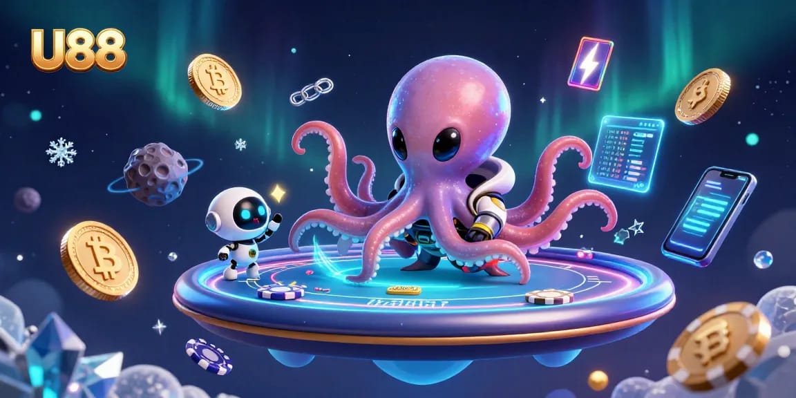 Join the thrilling gaming adventure at U88 with this colorful alien octopus and poker excitement.