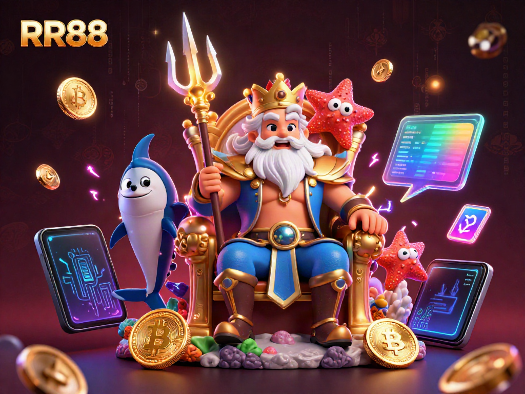 Experience thrilling gambling with RR88 in a vibrant, dynamic 3D illustration featuring Neptune and crypto elements.