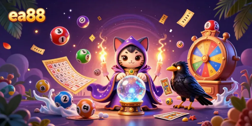Engage in thrilling lottery adventures with ea88's colorful scene combining mystic characters, games, and magic.