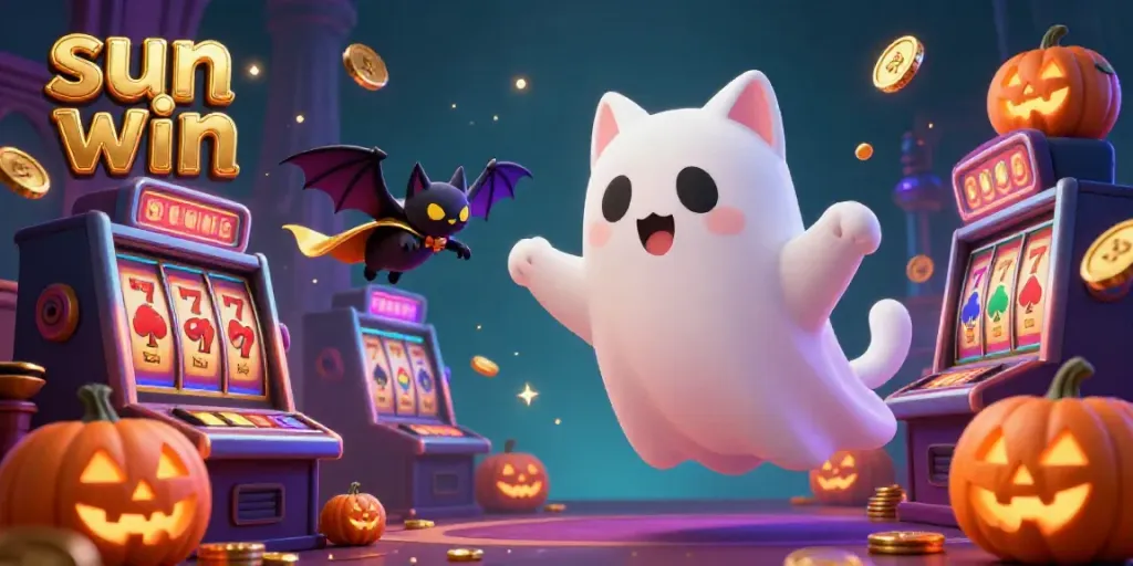 Catch the thrill of sun win with ghost cat and vampire bat in a captivating haunted casino scene.