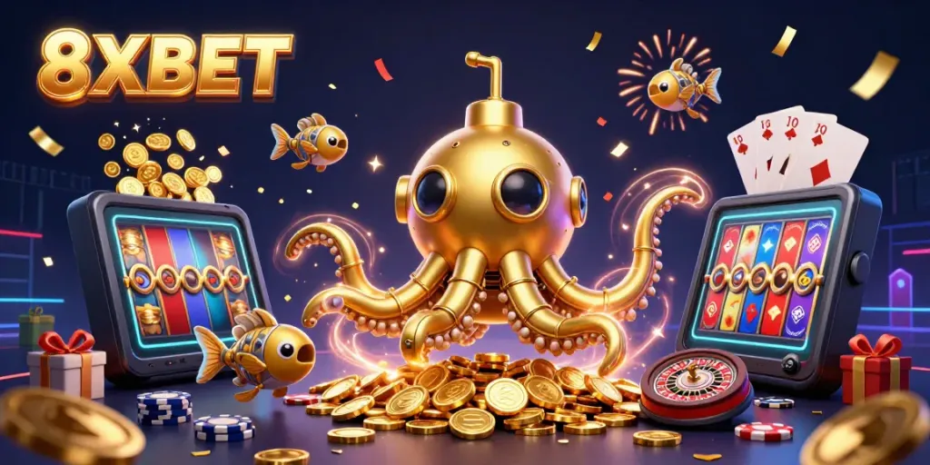 Engage with 8XBET's unique casino adventure featuring giant kraken and slot games amidst golden coins.