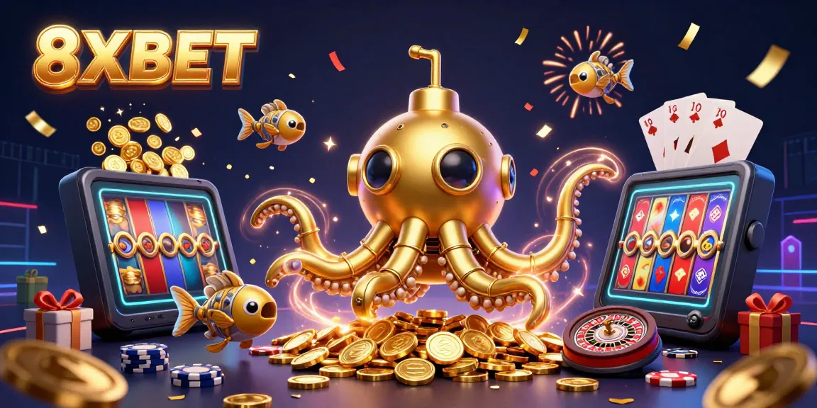 Engage with 8XBET's unique casino adventure featuring giant kraken and slot games amidst golden coins.