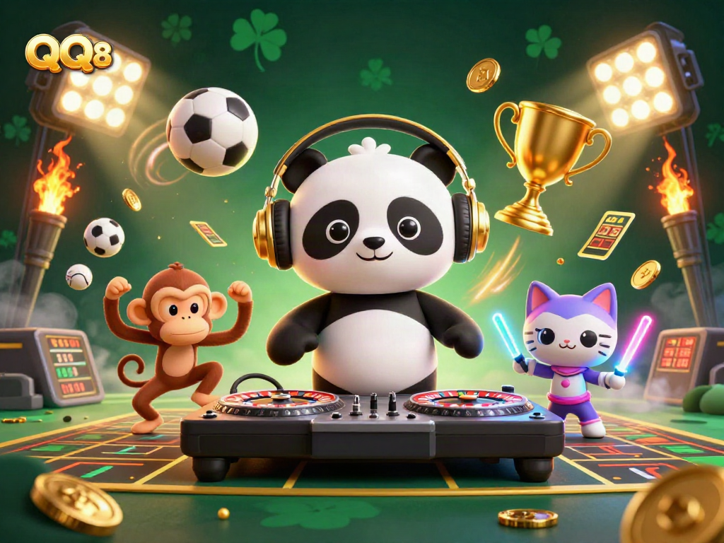 Engage with QQ 88: An energetic illustration of a DJ panda, breakdancing monkey, and glowing kitten at a casino.