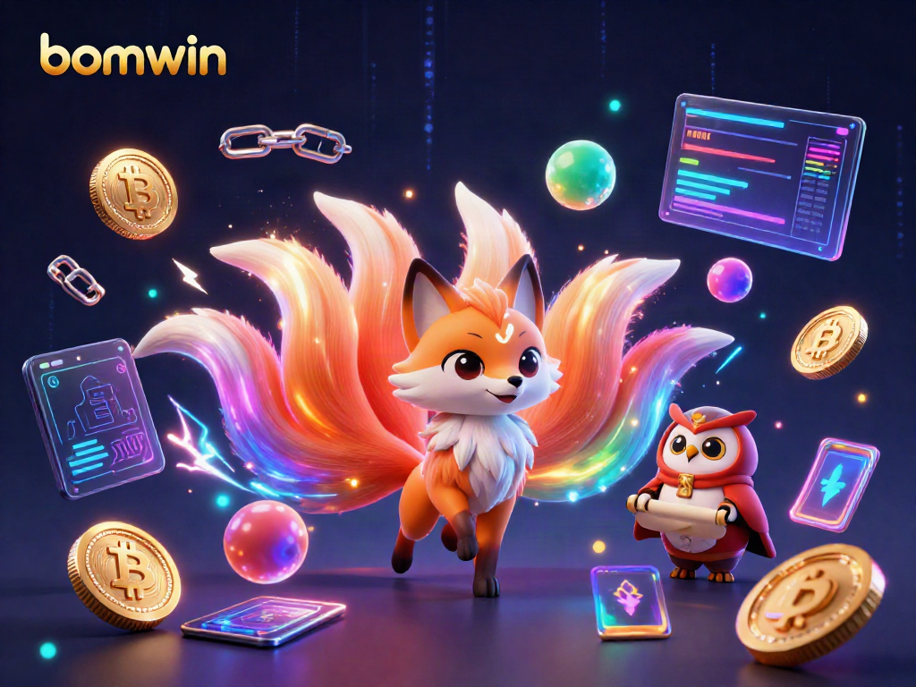 Engage with bomwin’s vibrant gaming experience featuring a mystical fox and owl amidst dazzling casino elements.