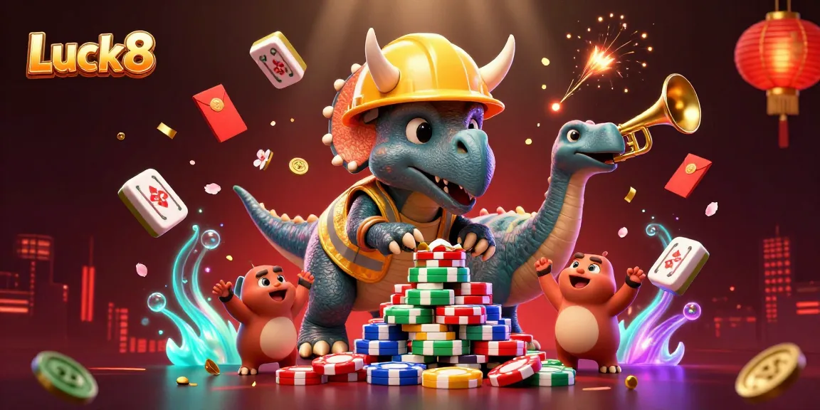 Luck8 engages players with a festive celebration scene featuring a triceratops and exciting casino elements.