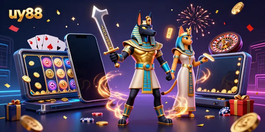 Experience thrilling gambling with uy88 in a vibrant casino scene featuring Anubis and Bastet.