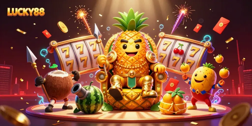 Experience the rich and vibrant world of LUCKY88 with this dynamic 3D casino illustration that depicts exciting gaming elements.