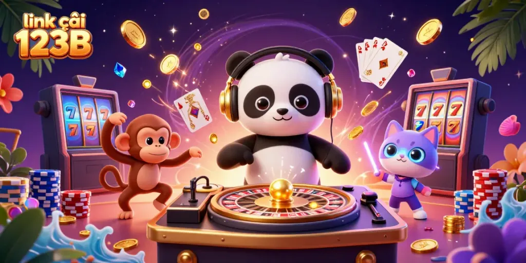 Spin to win with link vào 123B in this vibrant 3D casino scene featuring lucky symbols.