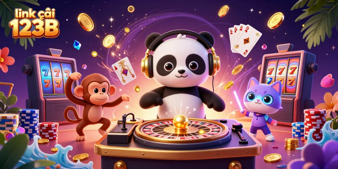 Spin to win with link vào 123B in this vibrant 3D casino scene featuring lucky symbols.