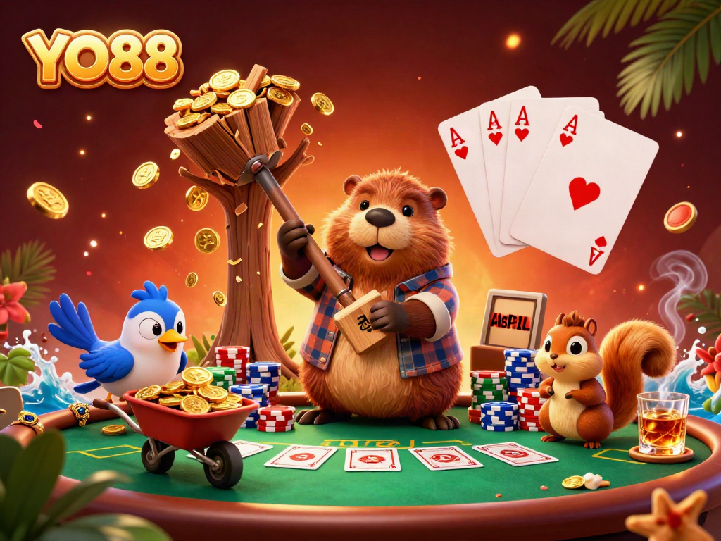 Experience YO88's vibrant casino world where fortune flows like golden coins in a whimsical scene.