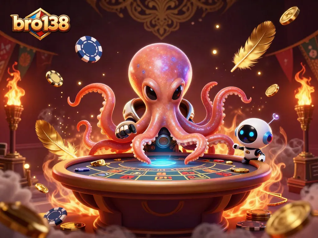 Bro138 showcases a vibrant alien octopus at a blackjack table surrounded by cosmic chips.