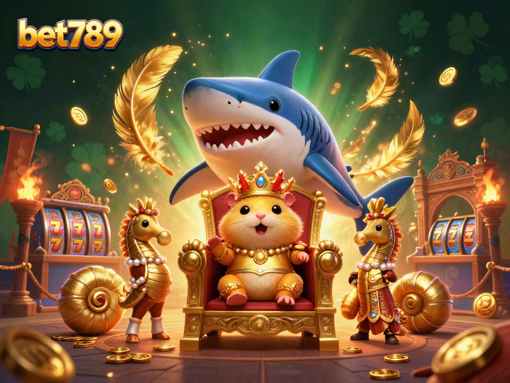 Bet789: Experience a thrilling casino adventure with our vibrant 3D illustration of gaming elements and characters.