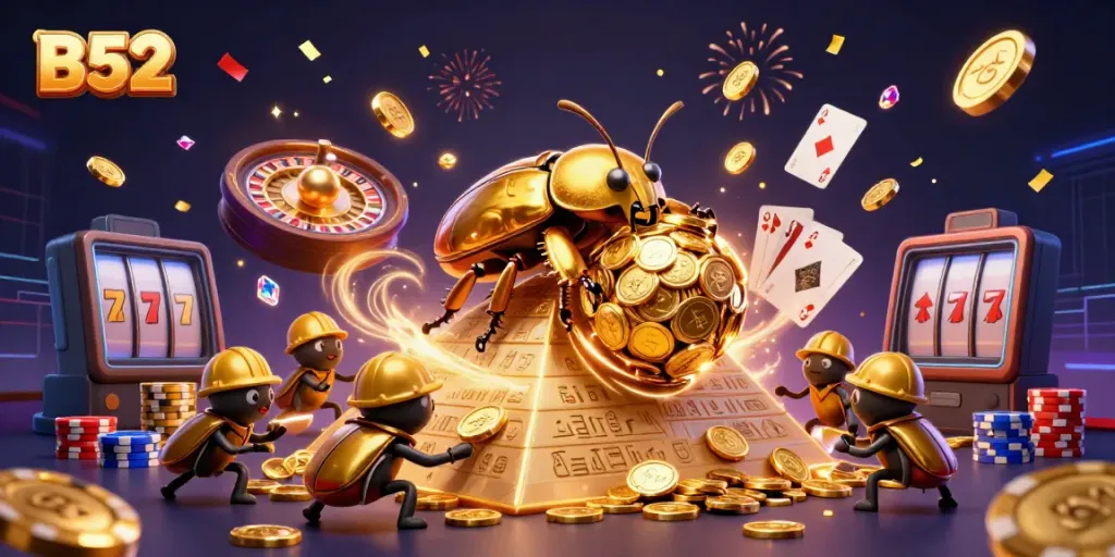 Join the B52 beetles in a vibrant casino scene filled with golden coins and roulette wheels.