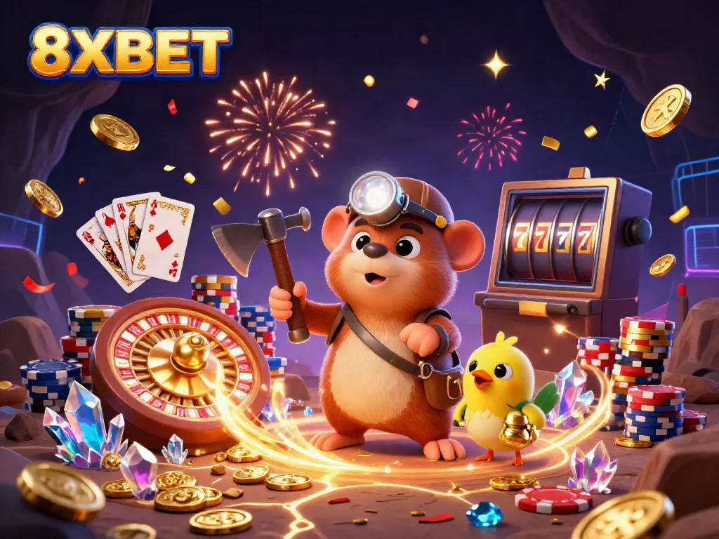 Experience the excitement of 8XBET with vibrant treasures and casino elements in a dynamic 3D illustration.