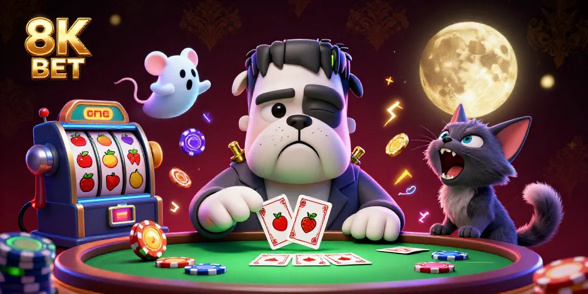 8K BET gaming scene with a Frankenstein bulldog dealing cards amid colorful slot elements and vivid casino chips.