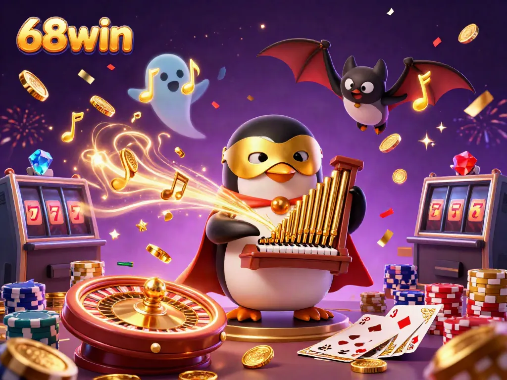 Experience thrilling gameplay with 68win's vibrant casino illustration featuring games, coins, and excitement.
