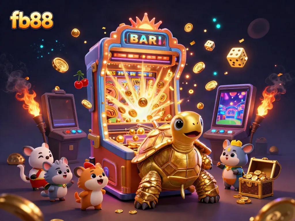 Experience excitement with fb88's vibrant 3D illustration of a golden tortoise casino game scene.