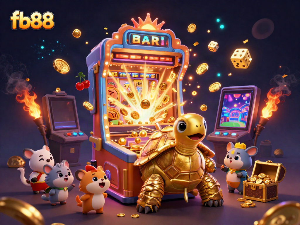 Experience excitement with fb88's vibrant 3D illustration of a golden tortoise casino game scene.
