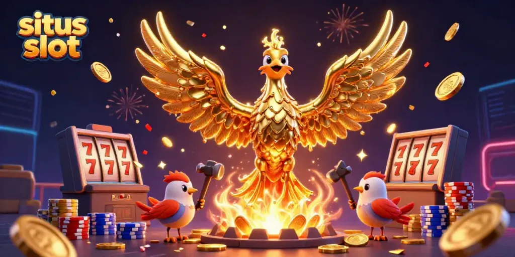Engage with situs slot and celebrate wins with a golden phoenix emerging from a forge amid spinning reels.