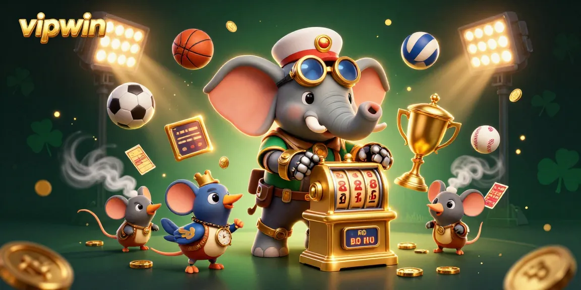 Experience the thrill of vipwin with a dynamic steampunk elephant engineer at a golden slot machine amidst sports elements.