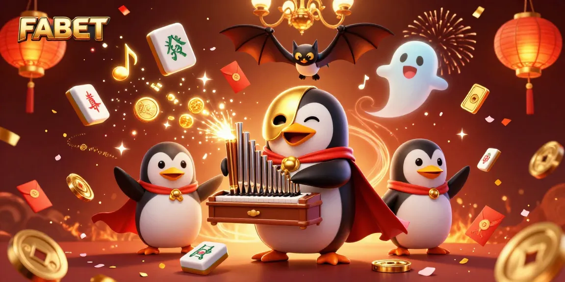 Join the fun at FABET with a cartoon penguin playing a golden pipe organ amid dazzling casino elements.