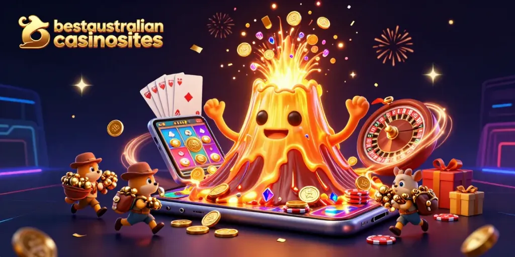 Experience thrilling gameplay at bestaustraliancasinosites with vibrant casino elements and golden treasures.
