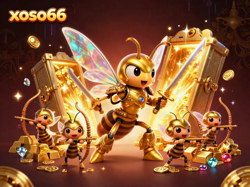 Experience thrilling wins at xoso66 with a golden samurai hornet and treasure-filled casino scene.