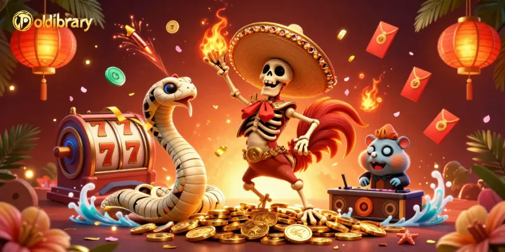 oldlibrary showcases a vibrant scene with a dancing skeleton rooster and a lively casino setup filled with slot reels and gold coins.