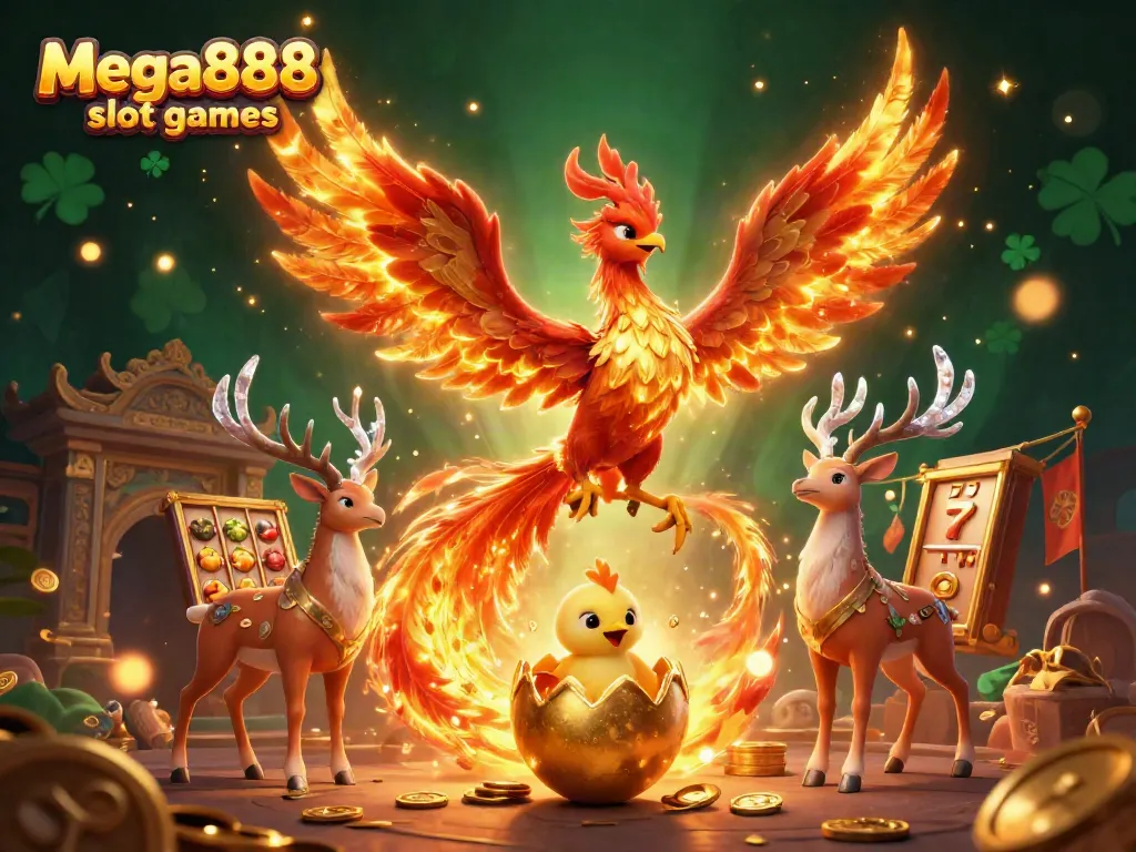 Experience Mega888 slot games in a vibrant 3D scene featuring a phoenix and rich casino elements.