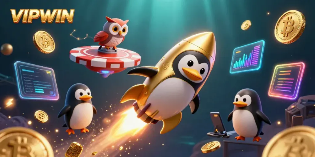 Experience the thrilling journey of VIPWIN's rocket-powered penguin navigating towards a vibrant casino universe.