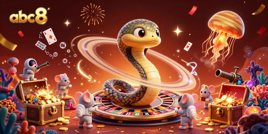 Experience thrilling bets with abc8 in a vibrant cosmic casino scene featuring animated characters and playful elements.